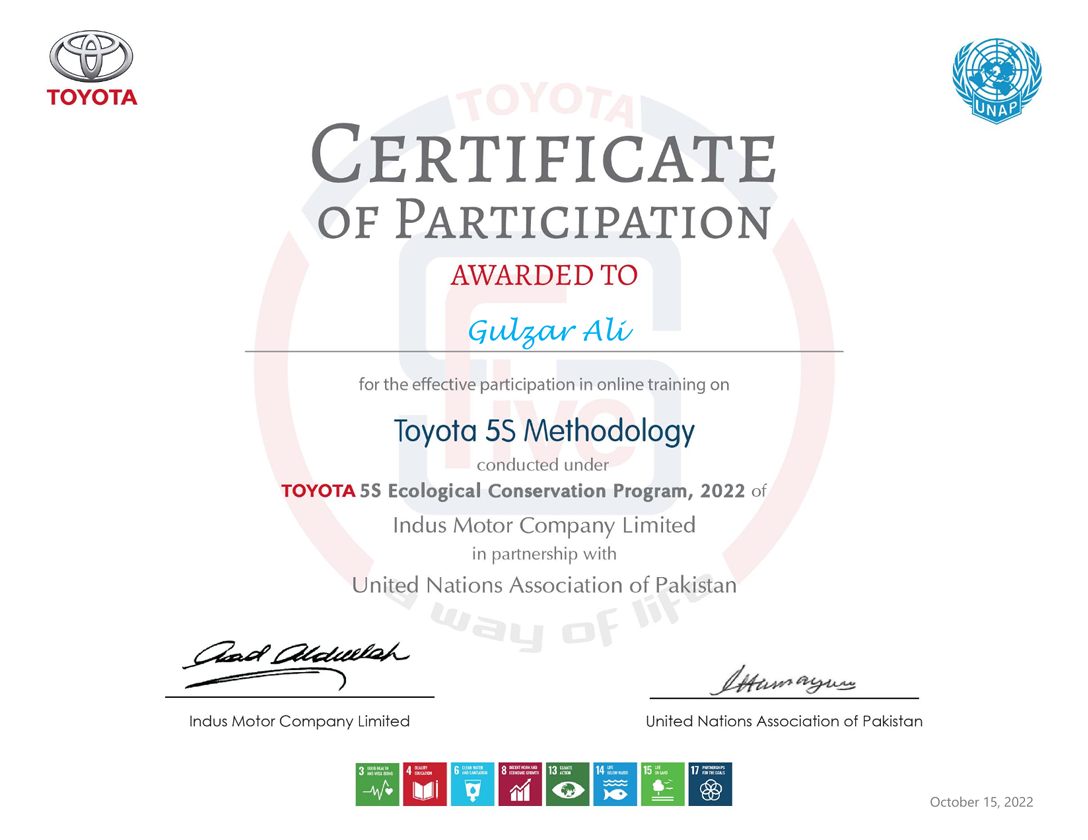 Toyota 5S Certificate